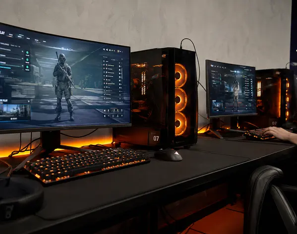 PC gamer con gabinete de vidrio y ventiladores con luz naranja